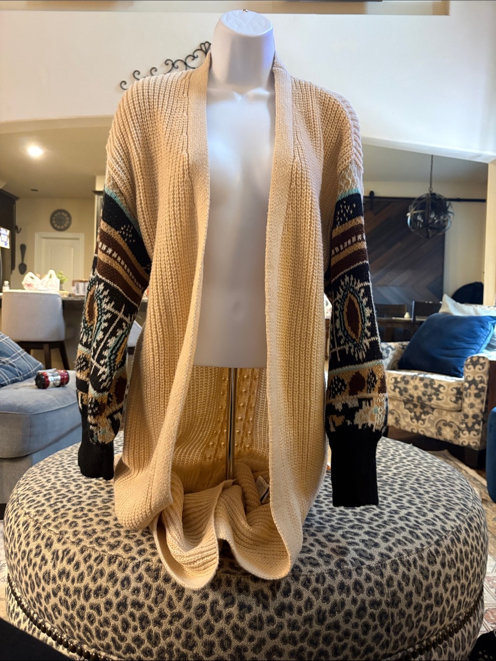 SHEIN Cream Open-Front Cardigan with Patterned Multi-Color Sleeves